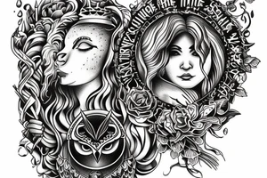 4 virtues, temperance signified by a woman pouring wine into a cup, courage signified by a lion, wisdom signified by an owl, justice signified by scales, inner forearm tattoo tattoo idea