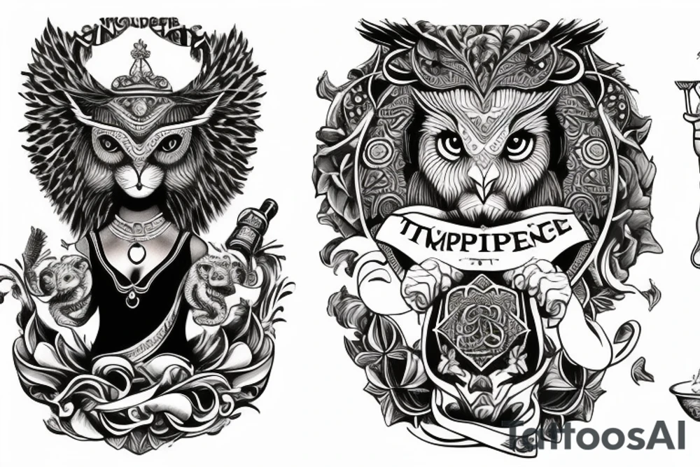 4 virtues, temperance signified by a woman pouring wine into a cup, courage signified by a lion, wisdom signified by an owl, justice signified by scales, inner forearm tattoo tattoo idea