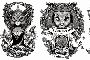 4 virtues, temperance signified by a woman pouring wine into a cup, courage signified by a lion, wisdom signified by an owl, justice signified by scales, inner forearm tattoo tattoo idea