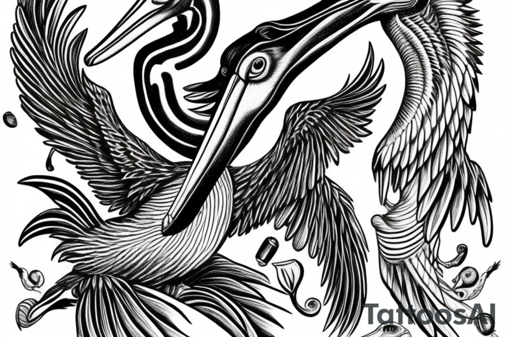 Long lonely pelican with open wings side full drawing tattoo idea