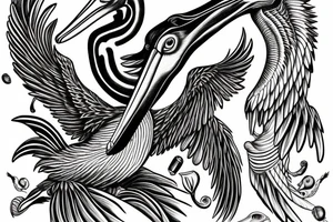 Long lonely pelican with open wings side full drawing tattoo idea