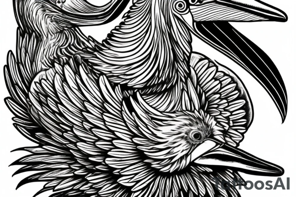 Long lonely pelican with open wings side full drawing tattoo idea