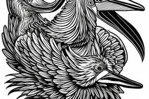 Long lonely pelican with open wings side full drawing tattoo idea