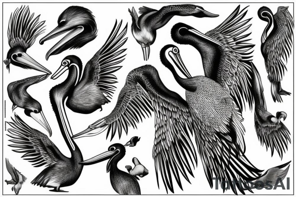 Long pelican with open wings with young pelican smaller side full drawing tattoo idea