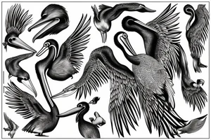 Long pelican with open wings with young pelican smaller side full drawing tattoo idea