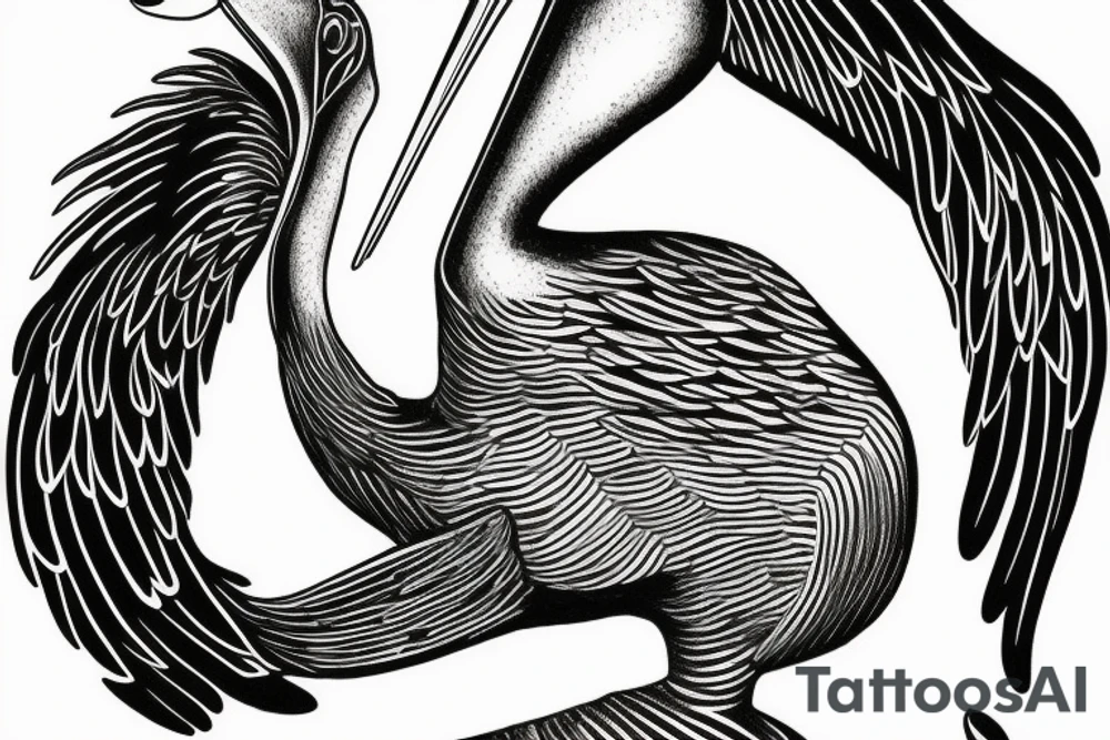 Long pelican with open wings with young pelican smaller side full drawing tattoo idea