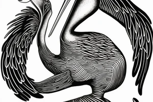 Long pelican with open wings with young pelican smaller side full drawing tattoo idea