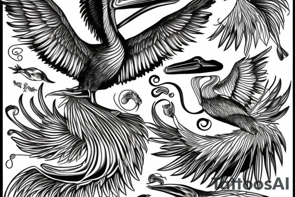 Long pelican with open wings pain full drawing tattoo idea
