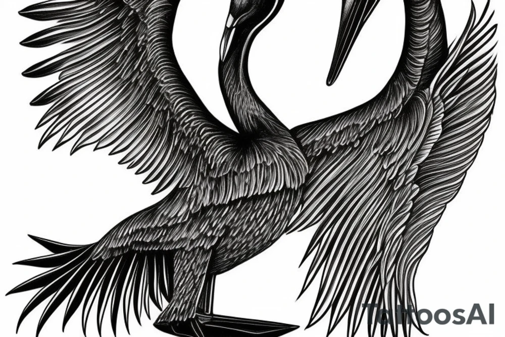 Long pelican with open wings detailed full drawing tattoo idea