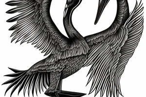 Long pelican with open wings detailed full drawing tattoo idea