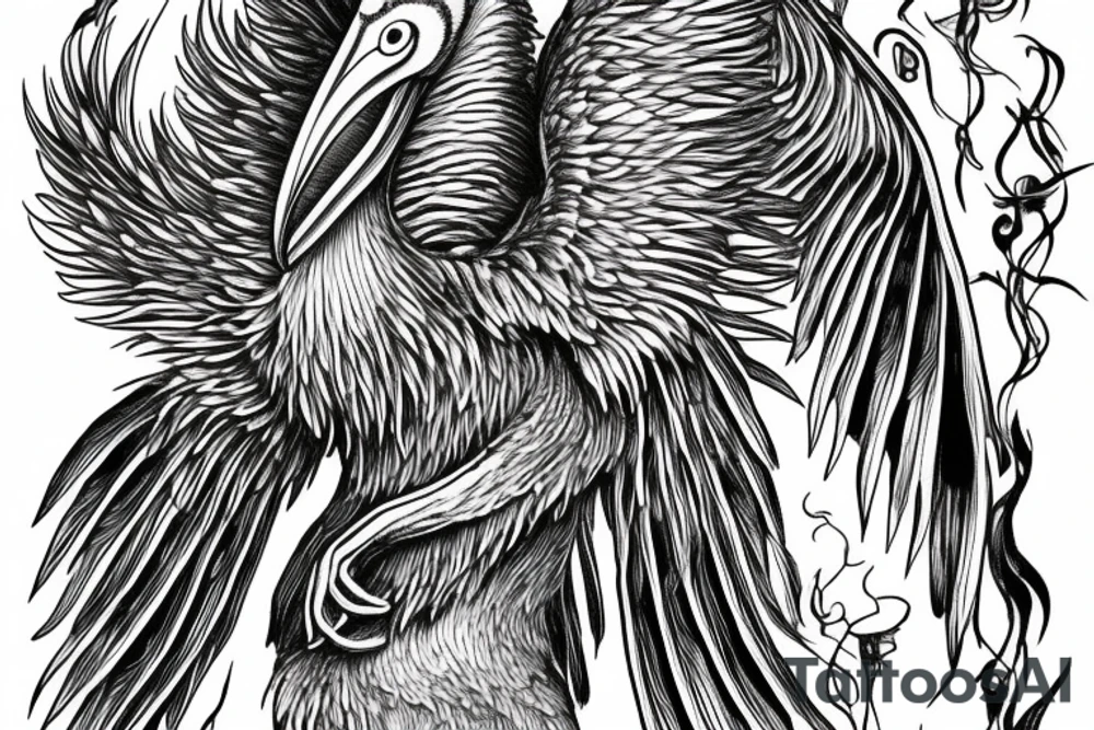 Long pelican with open wings detailed full drawing tattoo idea