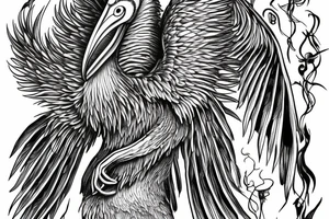 Long pelican with open wings detailed full drawing tattoo idea