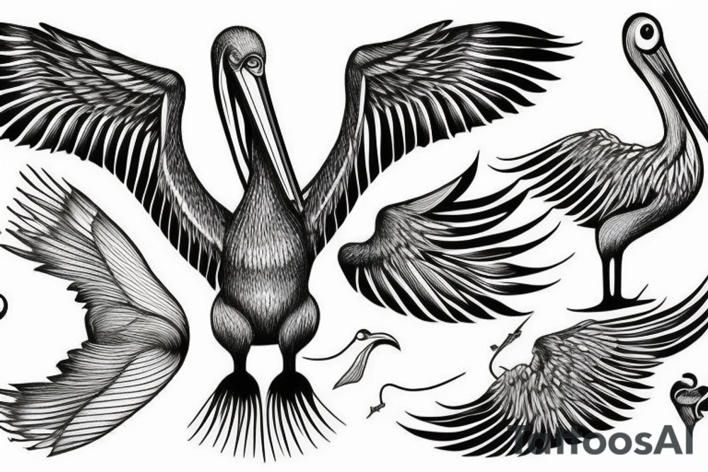 Long pelican with open wings simple full drawing tattoo idea
