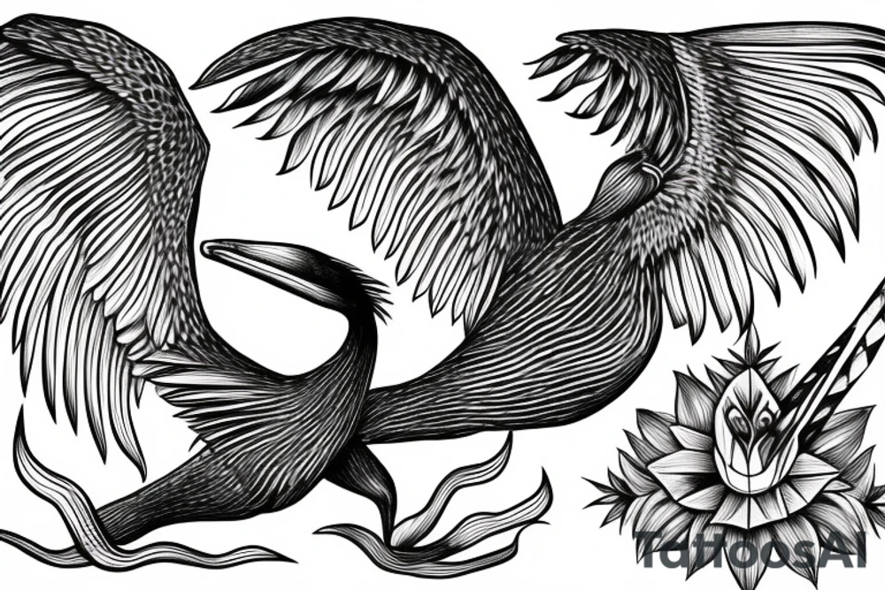 Long pelican with open wings with long paw simple full drawing tattoo idea