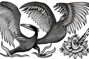 Long pelican with open wings with long paw simple full drawing tattoo idea