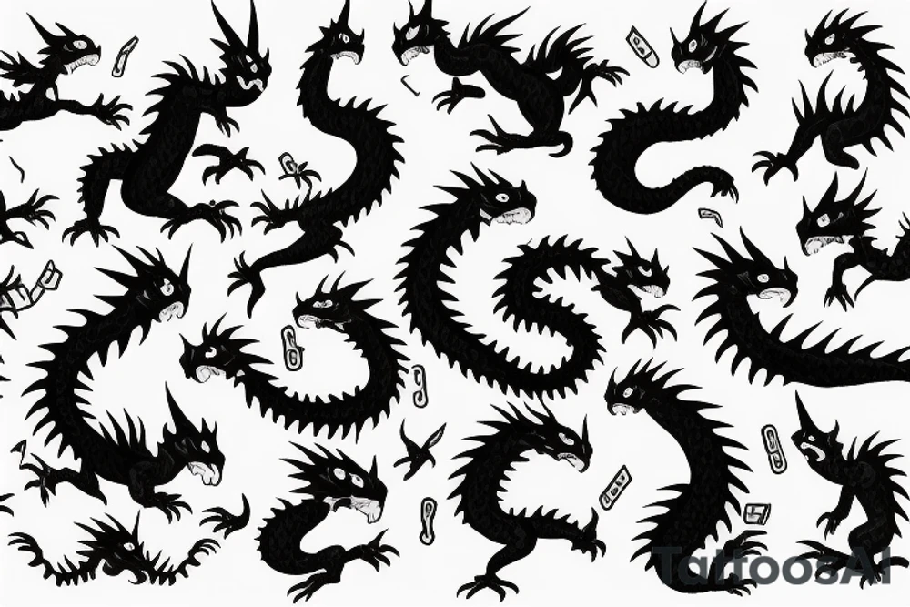 3 little small black and white dragons tattoo idea