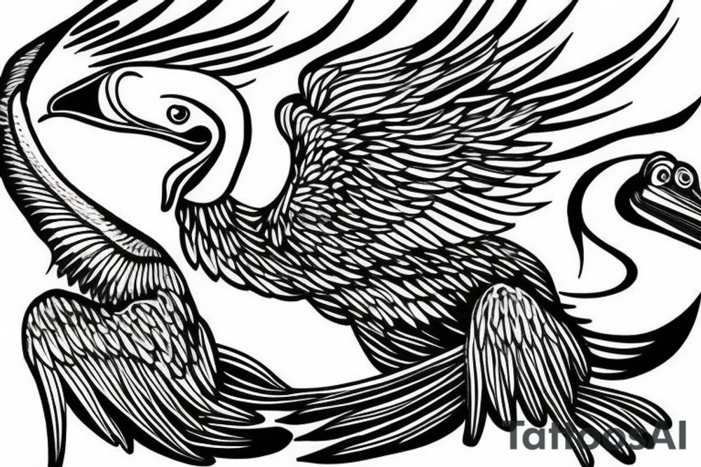 Long pelican with open wings flying pleasant simple full drawing tattoo idea