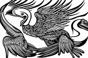Long pelican with open wings flying pleasant simple full drawing tattoo idea