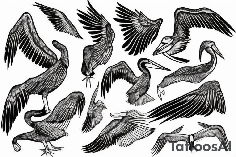 Long pelican with open wings flying pleasant simple full drawing tattoo idea