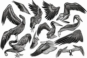 Long pelican with open wings flying pleasant simple full drawing tattoo idea