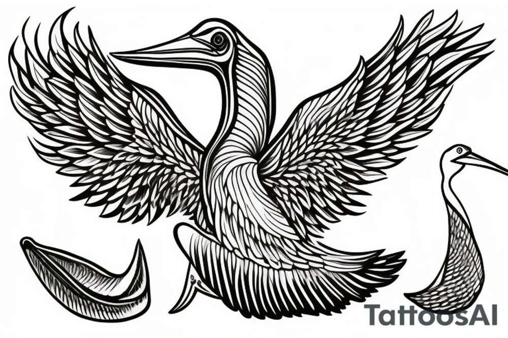 Long pelican with open wings flying pleasant simple full drawing tattoo idea