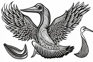 Long pelican with open wings flying pleasant simple full drawing tattoo idea