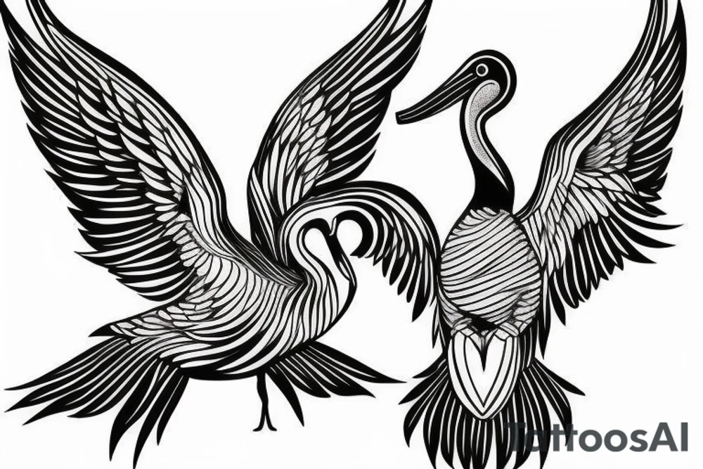 Long pelican with open wings flying pleasant simple full drawing tattoo idea