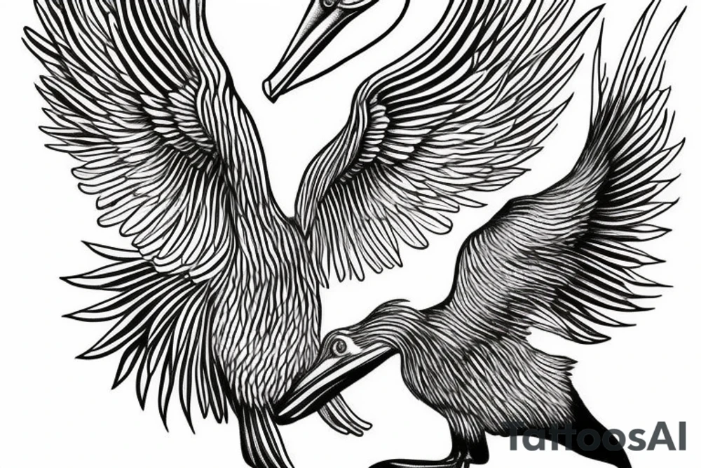 Long pelican with open wings flying pleasant simple full drawing tattoo idea