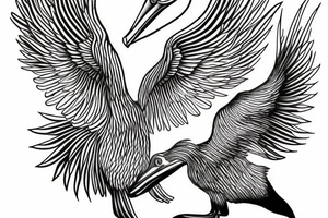 Long pelican with open wings flying pleasant simple full drawing tattoo idea