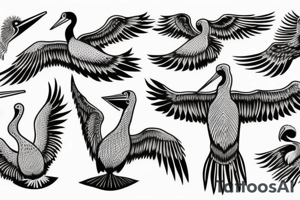 Long pelican with open wings flying pleasant simple full drawing tattoo idea