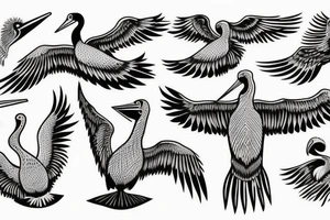 Long pelican with open wings flying pleasant simple full drawing tattoo idea