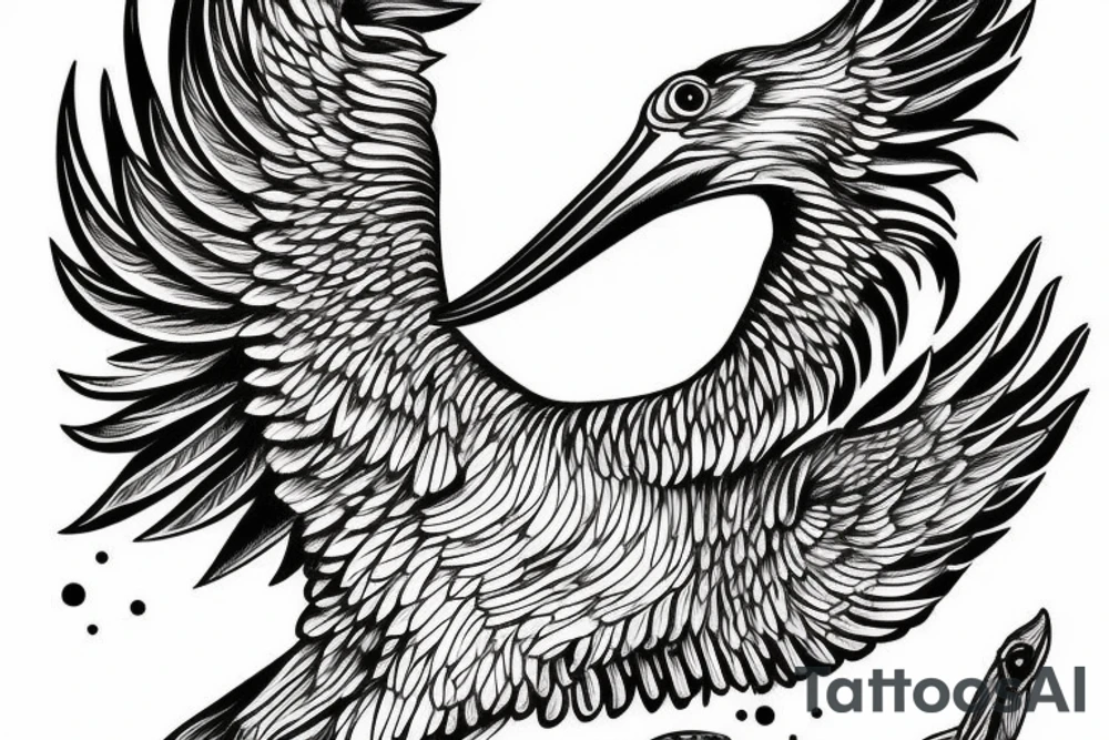 Long pelican with open wings flying pleasant simple stretched full drawing tattoo idea