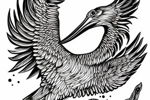 Long pelican with open wings flying pleasant simple stretched full drawing tattoo idea