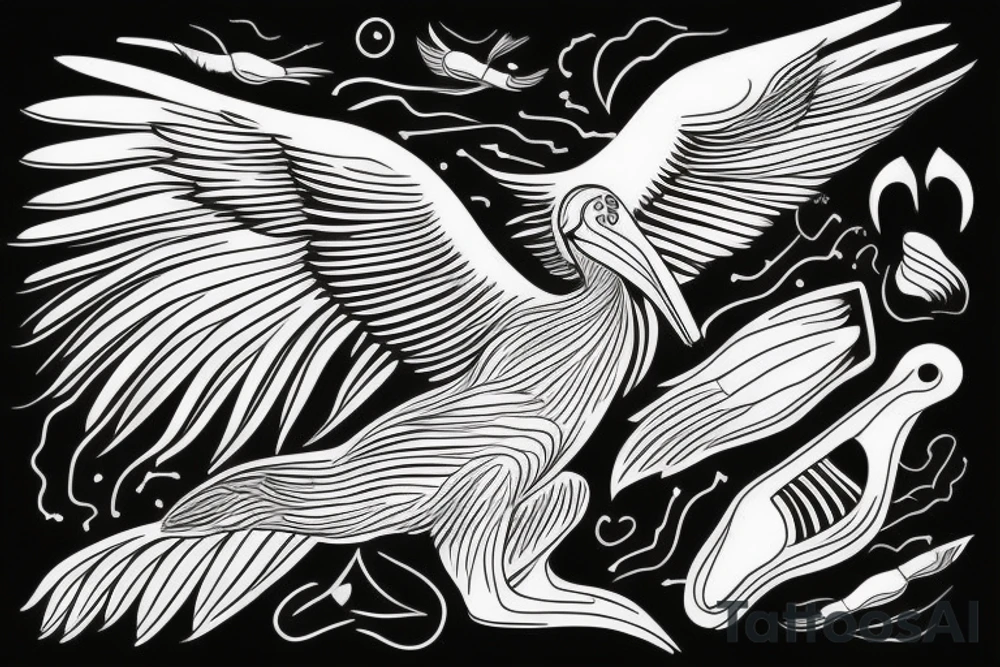 Long pelican with open wings flying pleasant simple paw full drawing tattoo idea