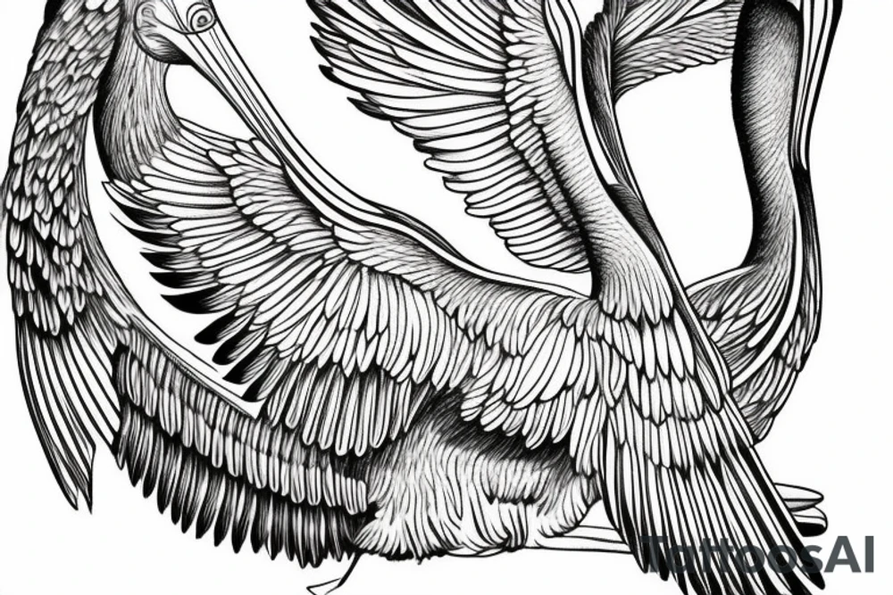 Long pelican with open wings flying pleasant simple detailed full drawing tattoo idea