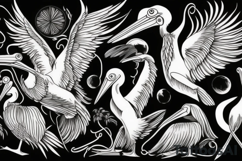 Long pelican with open wings flying pleasant simple detailed full drawing tattoo idea