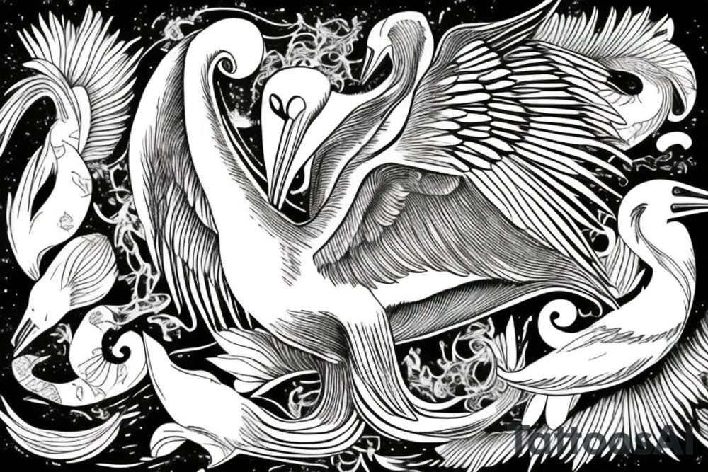 Long pelican with open wings flying pleasant simple detailed complete drawing tattoo idea