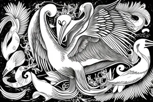 Long pelican with open wings flying pleasant simple detailed complete drawing tattoo idea