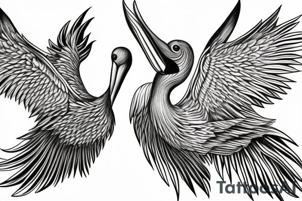 Long pelican with open wings flying pleasant simple detailed complete drawing tattoo idea