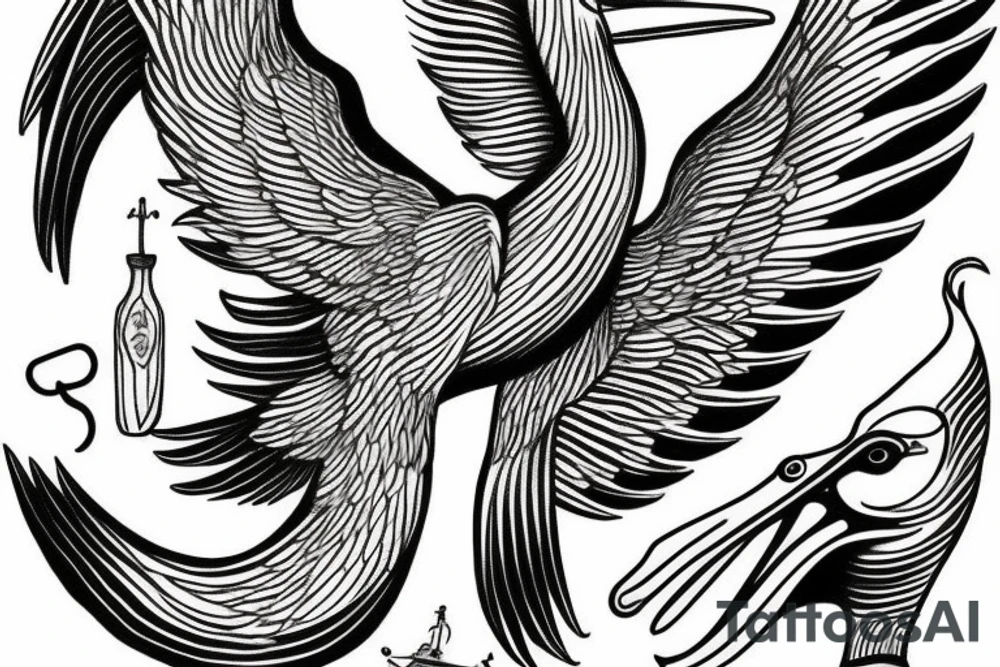 Long pelican with open wings flying simple drawing tattoo idea