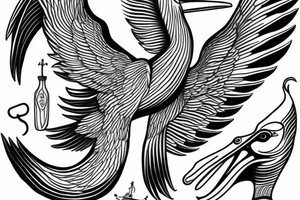 Long pelican with open wings flying simple drawing tattoo idea
