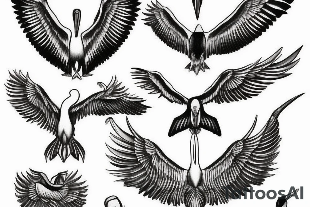 Long pelican with open wings flying simple tattoo idea