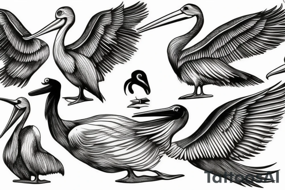 Long pelican with open wings flying tattoo idea
