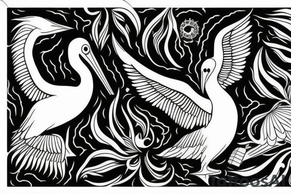 Long pelican with open wings flying tattoo idea