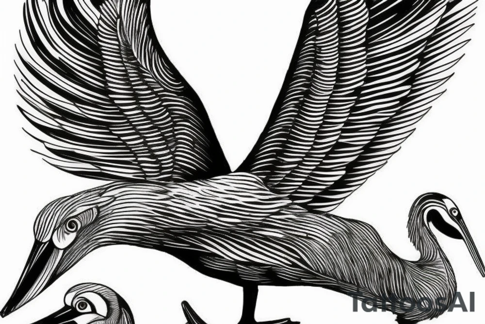 Long Pelican with open wings flying tattoo idea
