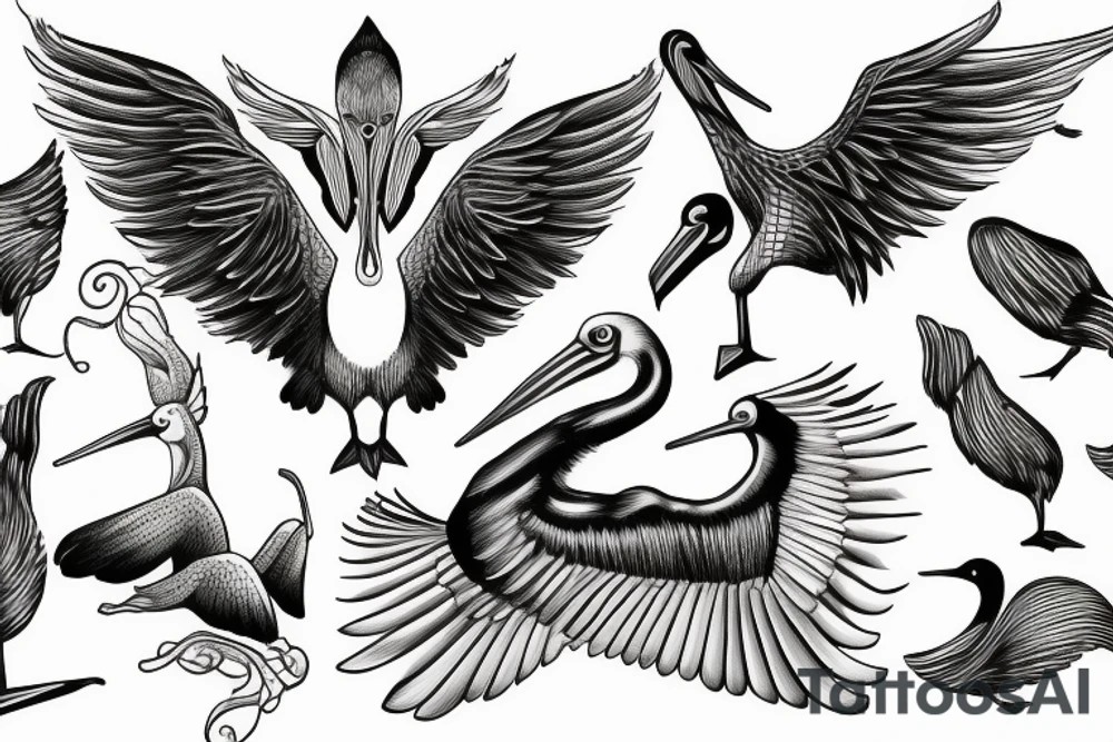 Long pelican with open wings flying tattoo idea