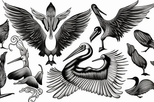 Long pelican with open wings flying tattoo idea