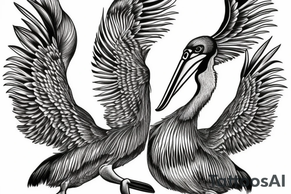 Long many pelican with open wings flying tattoo idea