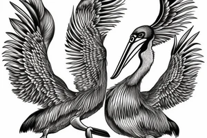 Long many pelican with open wings flying tattoo idea