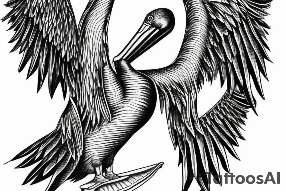 Long many pelican with open wings flying tattoo idea